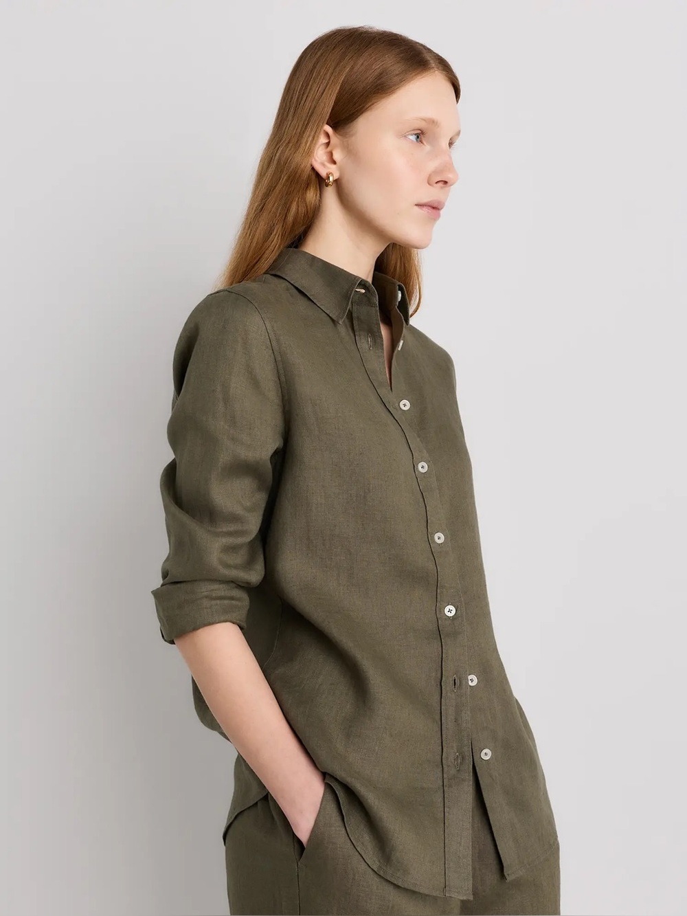 Quince 100% European Linen Long Sleeve Shirt in Martini Olive